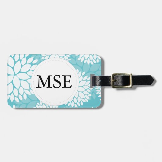 ティール（緑がかった色）白色花柄 ラゲッジタグ (正面横)