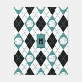 ティール(緑がかった色)白黒のテーマアーガイル フリースブランケット (正面)