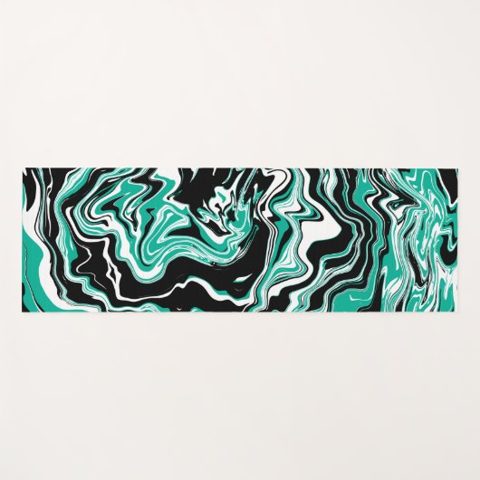 ティール（緑がかった色）、白黒の渦巻き型の流体アート ヨガマット (正面(横))