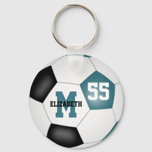 ティール(緑がかった色)白黒キッズサッカーバッグラベルキーチェーン キーホルダー