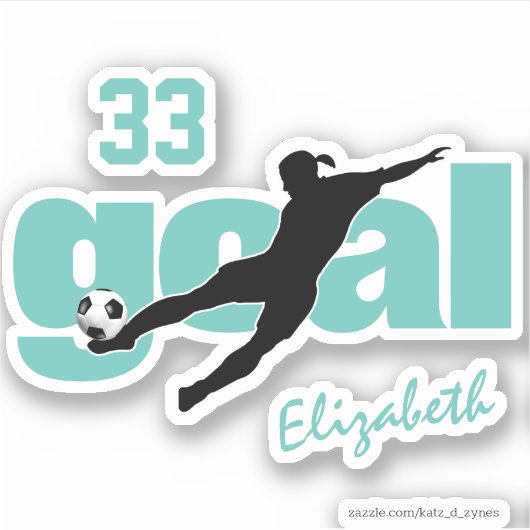 ティール(緑がかった色)白黒ゴール女子パーソナライズされたサッカー シール (正面)