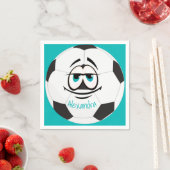 ティール(緑がかった色)白黒サッカーボールおもしろい顔 スタンダードカクテルナプキン (インサイチュ)