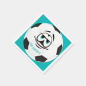 ティール(緑がかった色)白黒サッカーボールおもしろい顔 スタンダードカクテルナプキン (角)