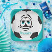 ティール(緑がかった色)白黒サッカーボールおもしろい顔 ペーパープレート (パーティー)