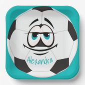 ティール(緑がかった色)白黒サッカーボールおもしろい顔 ペーパープレート (正面)