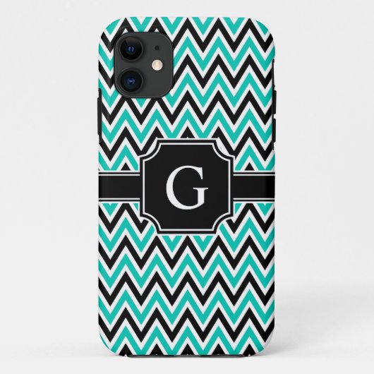 ティール(緑がかった色)白黒シボロンパターン及びモノグラム Case-Mate iPhoneケース (裏面)