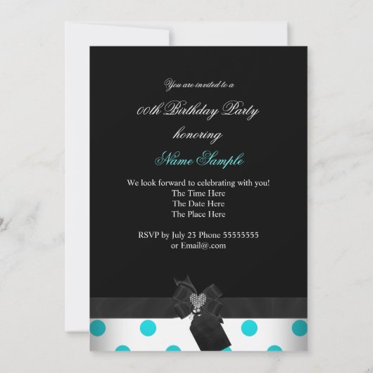 ティール（緑がかった色）白黒ハート水玉模様ヒール誕生日 招待状 (裏面)