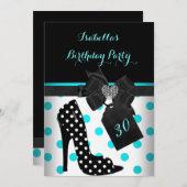 ティール（緑がかった色）白黒ハート水玉模様ヒール誕生日 招待状 (正面/裏面)
