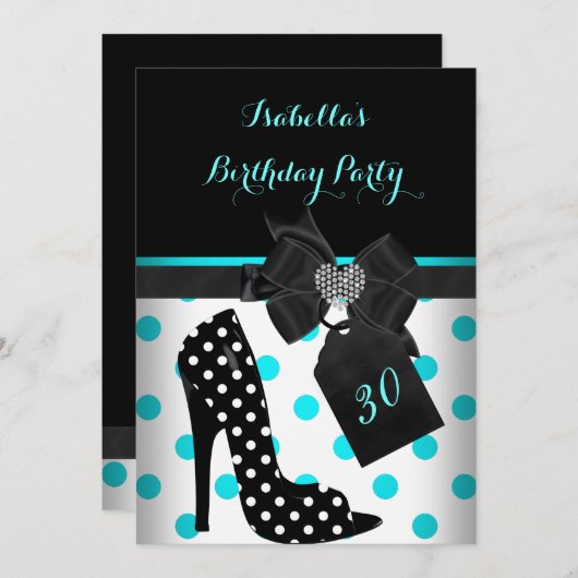 ティール（緑がかった色）白黒ハート水玉模様ヒール誕生日 招待状 (正面/裏面)