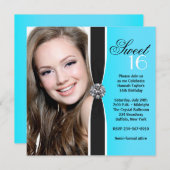 ティール（緑がかった色）白黒フォトスイート16誕生日パーティー 招待状 (正面/裏面)