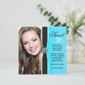 ティール（緑がかった色）白黒フォトスイート16誕生日パーティー 招待状 (スタンド正面)