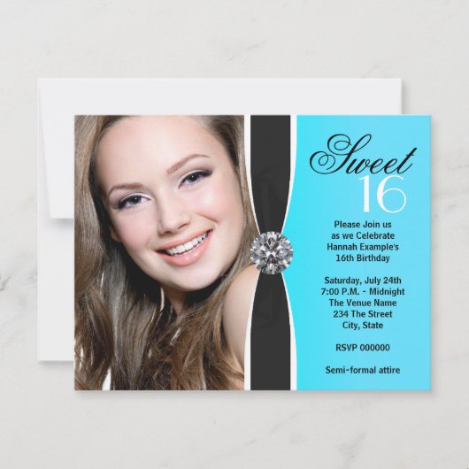 ティール（緑がかった色）白黒フォト誕生日パーティー 招待状 (正面)