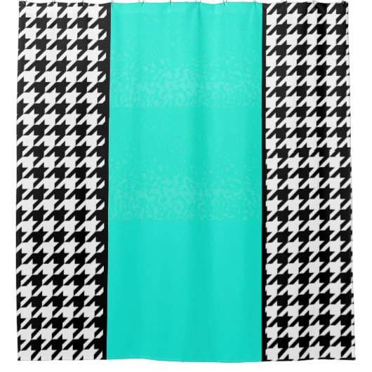 ティール（緑がかった色）、白黒ヴィンテージ市松模様に シャワーカーテン (正面)