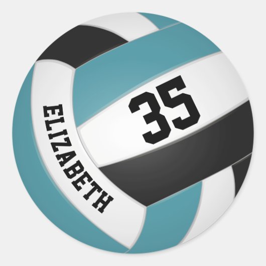 ティール（緑がかった色）白黒女カスタムの子の男の子バレーボール ラウンドシール (正面)