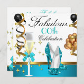ティール（緑がかった色）白黒金ゴールド素晴らしい誕生日パーティー 招待状 (正面/裏面)