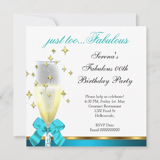 ティール（緑がかった色）白黒金ゴールド素晴らしい誕生日パーティー 招待状 (裏面)