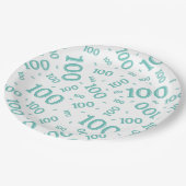 ティール(緑がかった色)/白100th誕生日パーティー番号パターン ペーパープレート (アングル)