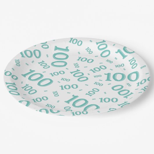 ティール（緑がかった色）/白100th誕生日パーティー番号パターン ペーパープレート (アングル)