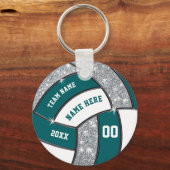 ティール(緑がかった色)、白、銀バレーボールキーホルダーあなたのテキスト キーホルダー (正面)