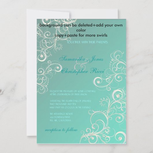 ティール(緑がかった色)+真珠旋回結婚式招待状 招待状 (裏面)