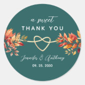ティール(緑がかった色)秋の結婚式サンキュー ラウンドシール (正面)