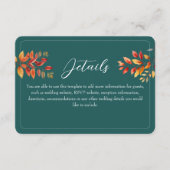 ティール（緑がかった色）秋の結婚式詳細 エンクロージャーカード (正面)