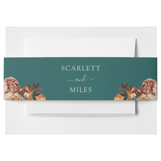 ティール（緑がかった色）秋ウォーターカラーボタニカル結婚ズ 招待状ベリーバンド