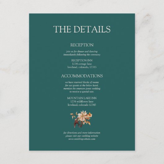 ティール（緑がかった色）秋テラコッタウォーターカラーフローラ結婚ズ エンクロージャーカード (正面)