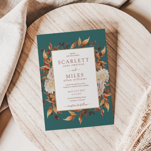 ティール（緑がかった色）秋テラコッタウォーターカラーフローラ結婚ズ 招待状