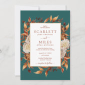 ティール(緑がかった色)秋テラコッタウォーターカラーフローラ結婚ズ 招待状 (正面)