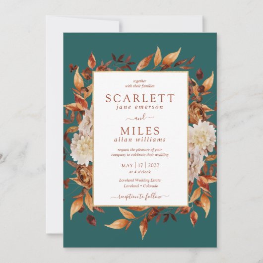 ティール（緑がかった色）秋テラコッタウォーターカラーフローラ結婚ズ 招待状 (正面)