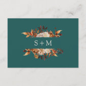 ティール（緑がかった色）秋テラコッタボタニカルウェディングレセプション エンクロージャーカード (裏面)