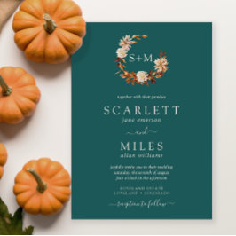ティール(緑がかった色)秋テラコッタモノグラムリース結婚ズ 招待状