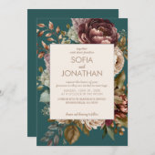 ティール（緑がかった色）秋マルーンウォーターカラーフローラ結婚ズ (正面/裏面)