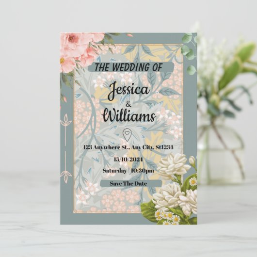 ティール(緑がかった色)秋水彩フローラ結婚式招待状 招待状 (スタンド正面)