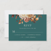 ティール（緑がかった色）秋銅フローラウェディングRSVPカード 出欠カード (正面)