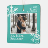 ティール（緑がかった色）第1回クリスマス氏フォト夫人 セラミックオーナメント (左)