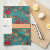 ティール(緑がかった色)紅葉ファミリー名 キッチンタオル (四つ折り)