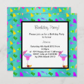 ティール（緑がかった色）紙吹雪誕生日パーティーの招待 招待状 (正面/裏面)