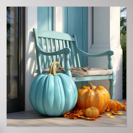 ティール(緑がかった色)素晴らしカボチャのデジタルアートプリント ポスター (正面)