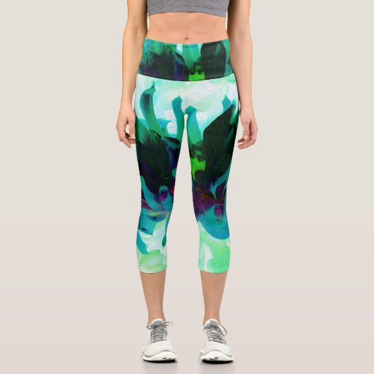 ティール（緑がかった色）素晴らし&ブラックサボットダリア カプリレギンス (正面)