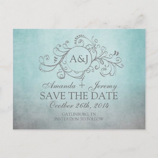 ティール(緑がかった色)素朴とグレーボヘミアン日付を保存 案内ポストカード (正面)