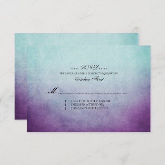 ティール（緑がかった色）素朴とパープルボヘミアンウェディングRSVP 出欠カード (正面/裏面)
