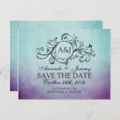 ティール（緑がかった色）素朴とパープルボヘミアン日付を保存 案内ポストカード (正面/裏面)