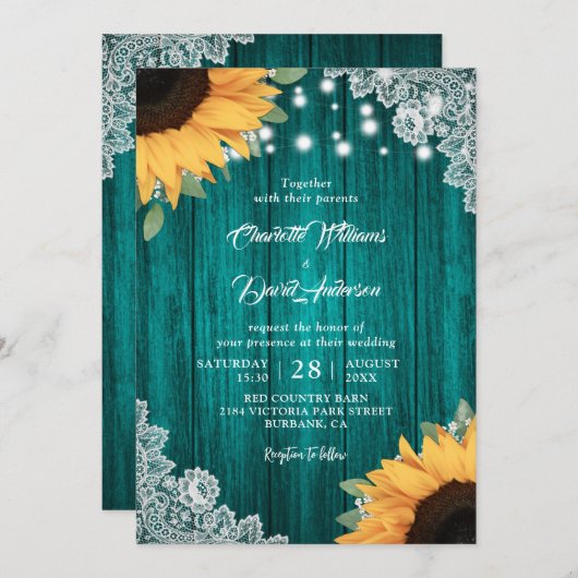ティール（緑がかった色）素朴とヒマワリの結婚式招待状 招待状 (正面/裏面)