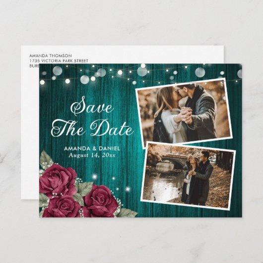 ティール（緑がかった色）素朴とブルゴーニュのフローラ結婚の写真 案内ポストカード (正面/裏面)