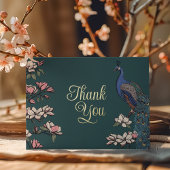 ティール(緑がかった色)素朴と金ゴールド孔雀サンキューカード 箔招待状