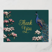 ティール(緑がかった色)素朴と金ゴールド孔雀サンキューカード 箔招待状 (正面)