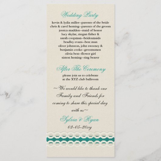 ティール（緑がかった色）素朴のバーラップとレースの田舎結婚式 プログラム (裏面)