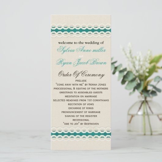 ティール（緑がかった色）素朴のバーラップとレースの田舎結婚式 プログラム (スタンド正面)